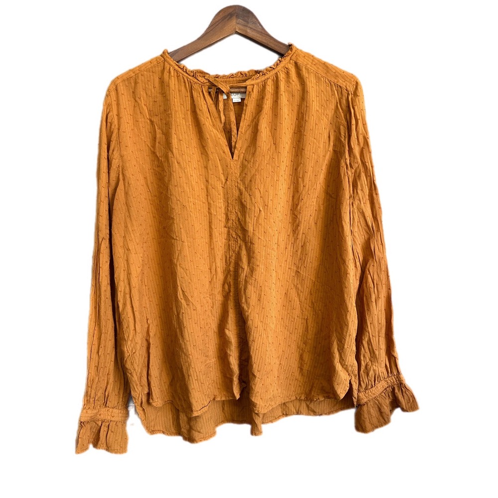 LOFT Womens Mustard Yellow Textured Dot Long Sleeve V‎ Neck Tie Blouse Top XL